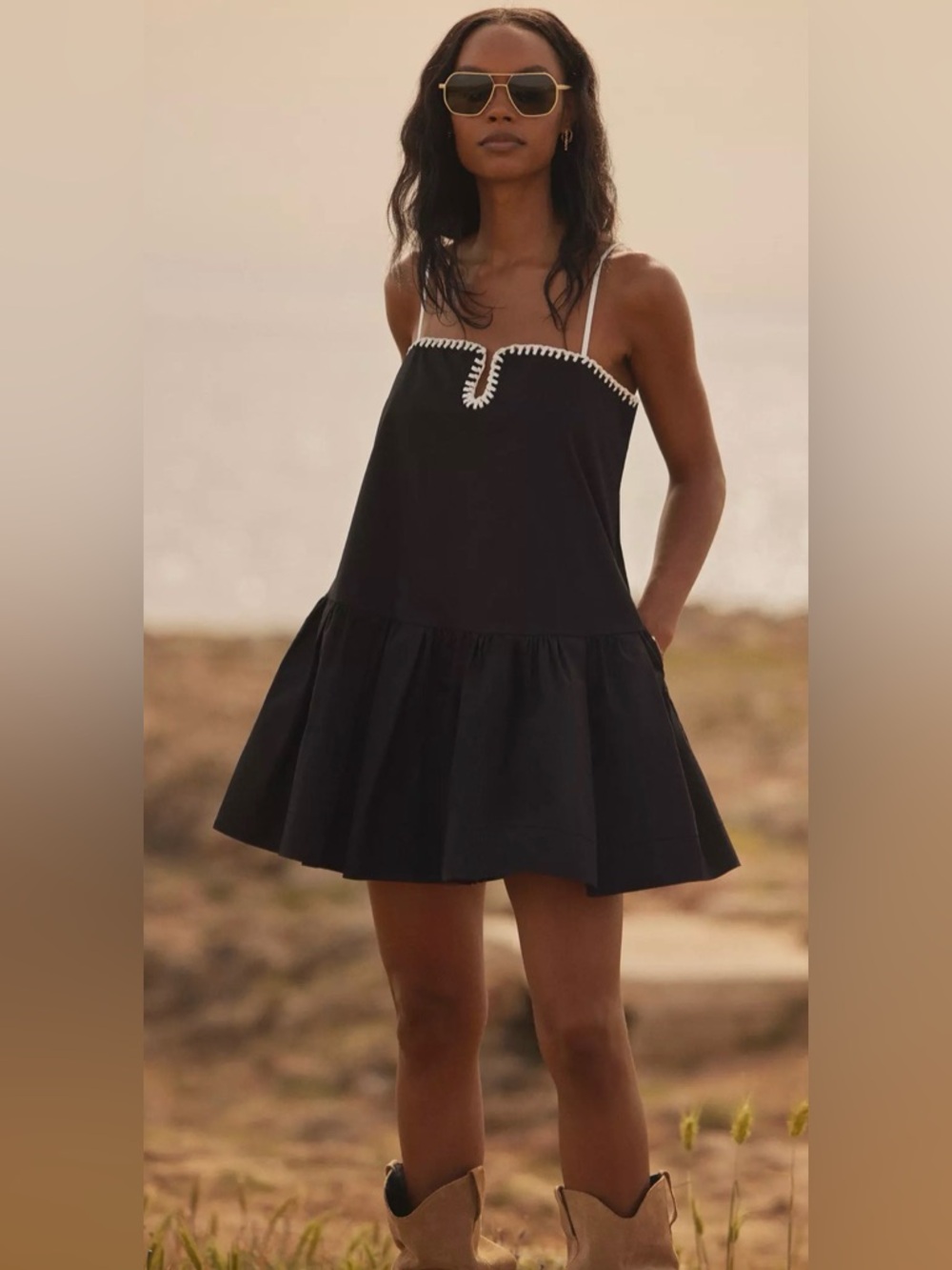 Anthropologie MARE MARE Black Square Neck Romper White Stitch Detail Small NEW